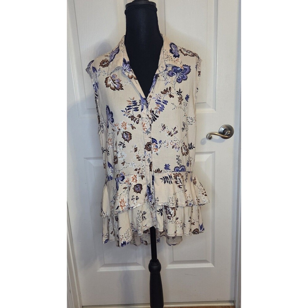 Lola P. Peach & Blue Floral Hi-Lo Ruffle Hem Sleeveless Summer Top Women's LARGE